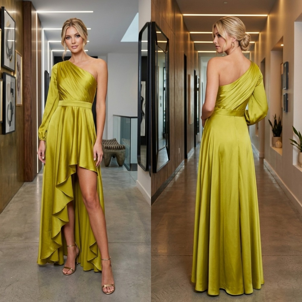 New Mac Duggal 49141 Green High Low One Shoulder Flowy Gown Size 6 NWT Olive